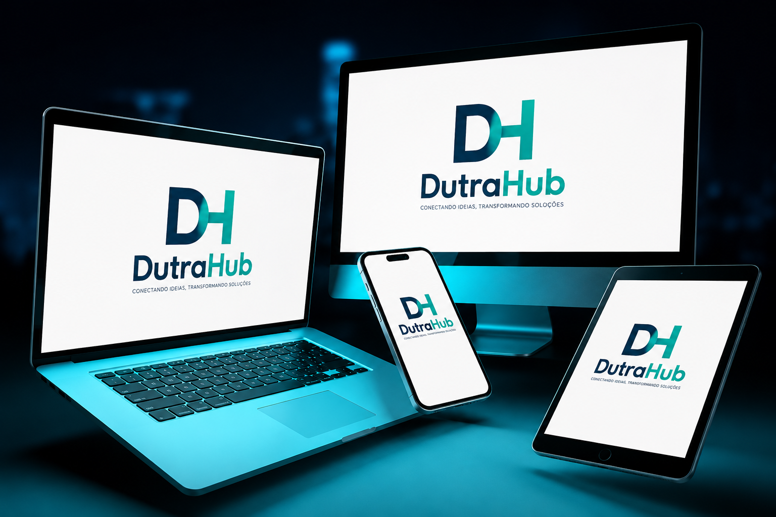 DutraHub exibida em desktop, notebook, tablet e celular